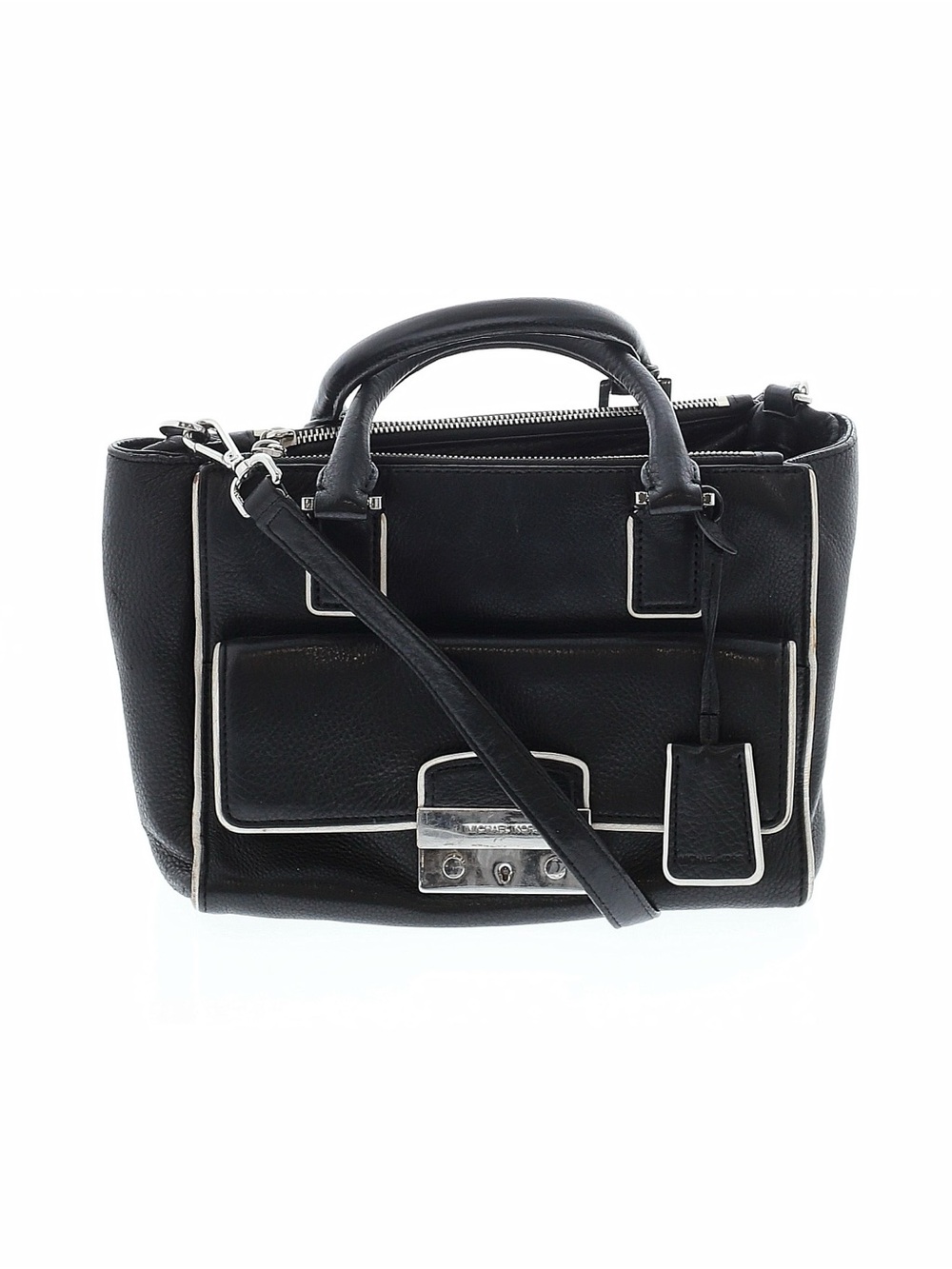 Michael Kors Black Pebbled Leather Satchel with White Piping & Silver Hardware